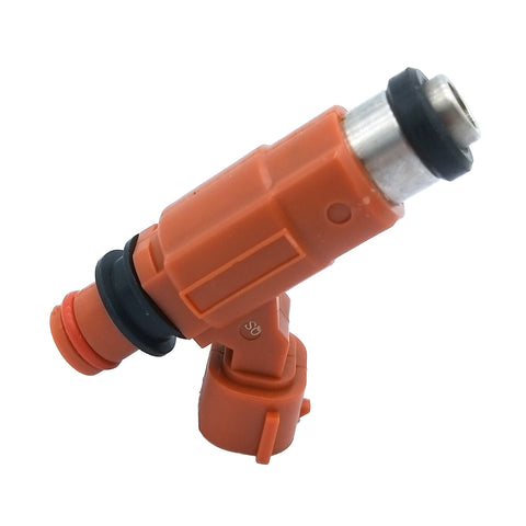 Orange automotive fuel injector with black rubber seals and metal nozzle against white background