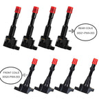 Set of eight black automotive ignition coils with red caps labeled for front coils 30520-PWA-003 and rear coils 30521-PWA-003