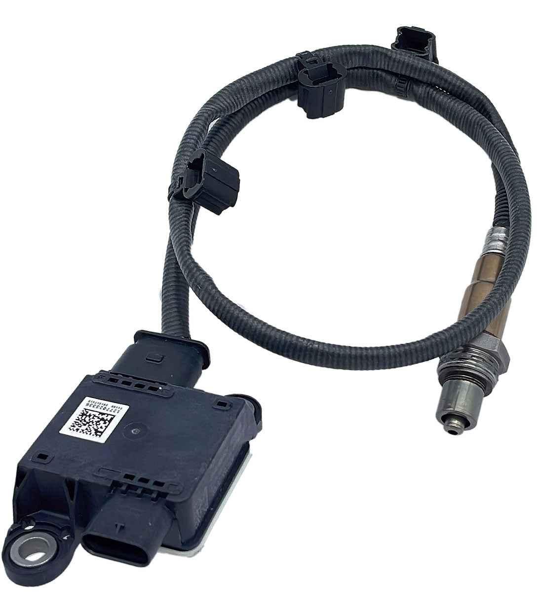 OEM-quality automotive oxygen sensor with attached wiring harness and black connectors on white background