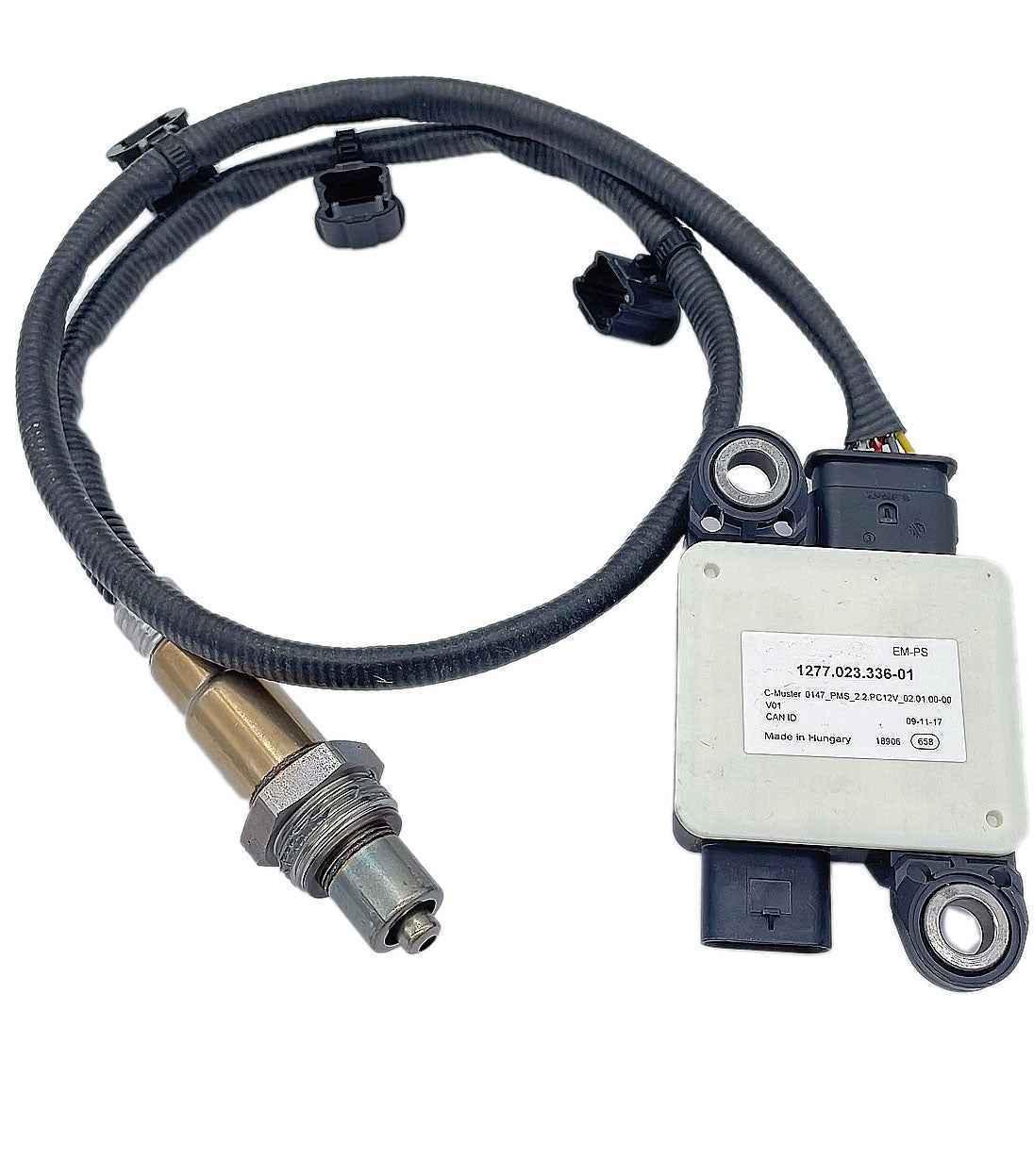 OEM automotive oxygen sensor with wiring harness and control module, labeled 1277.023.336-01