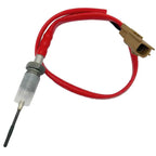 Automotive oxygen sensor with red insulated wire and brown electrical connector on white background