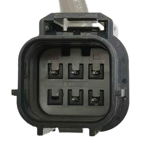 Close-up of black 6-pin automotive electrical connector for oxygen sensor or fuel injector