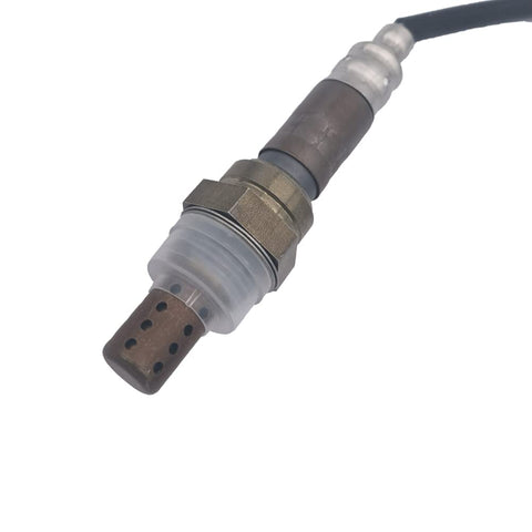 Close-up of an automotive oxygen sensor with wiring, isolated on white background