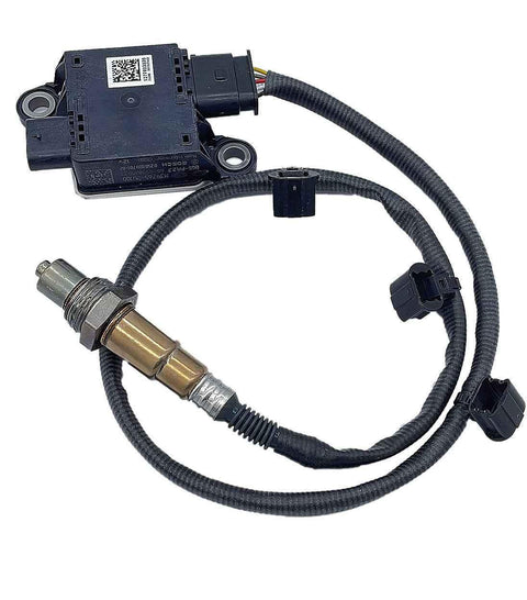 OEM automotive oxygen sensor with wiring harness and electronic control unit on white background