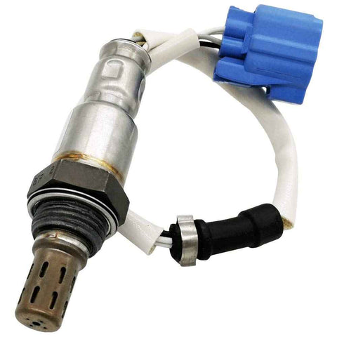 OEM automotive oxygen sensor with metal body and blue electrical connector for vehicle emissions