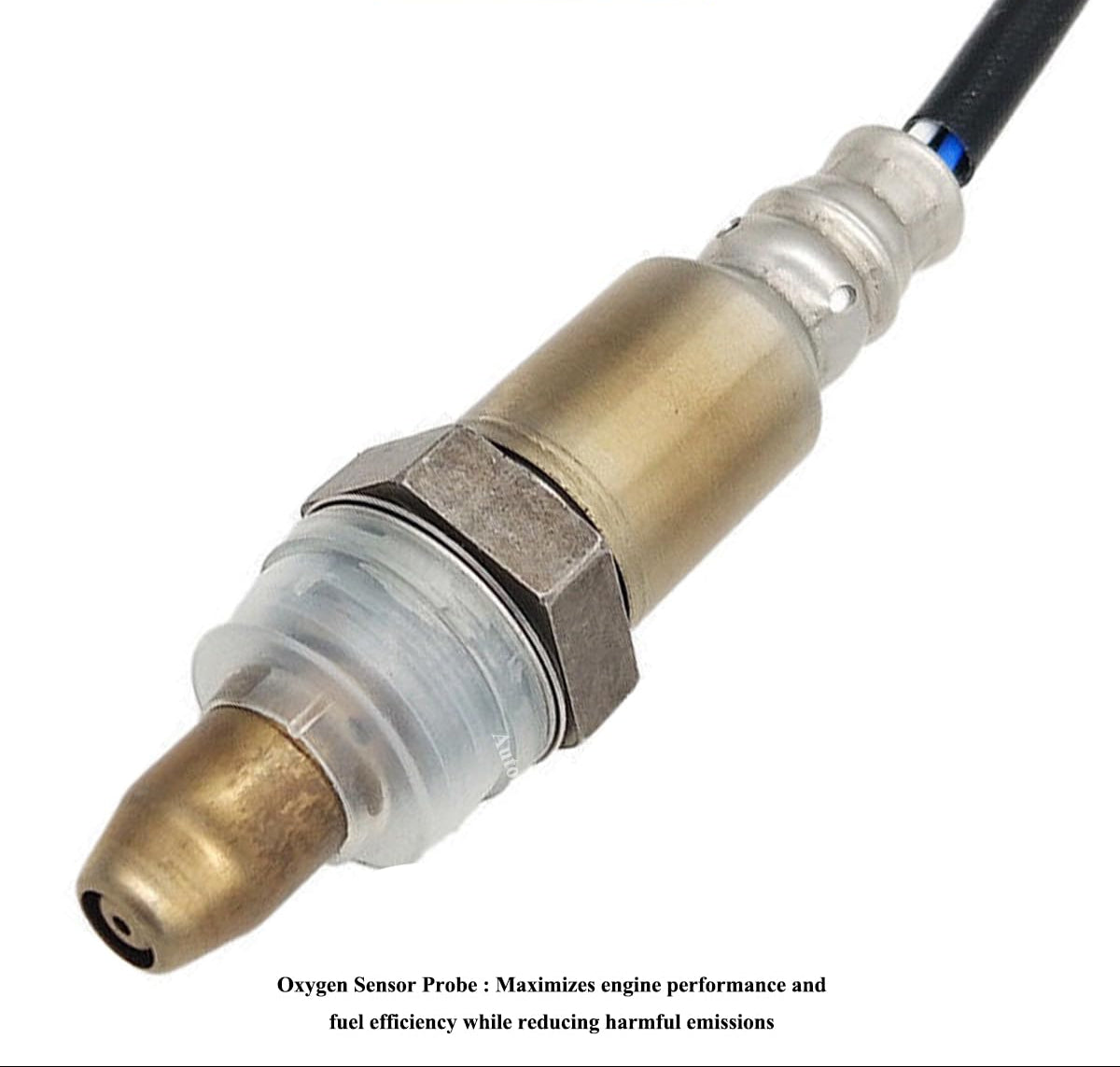 Close-up of a metal automotive oxygen sensor on a white background.