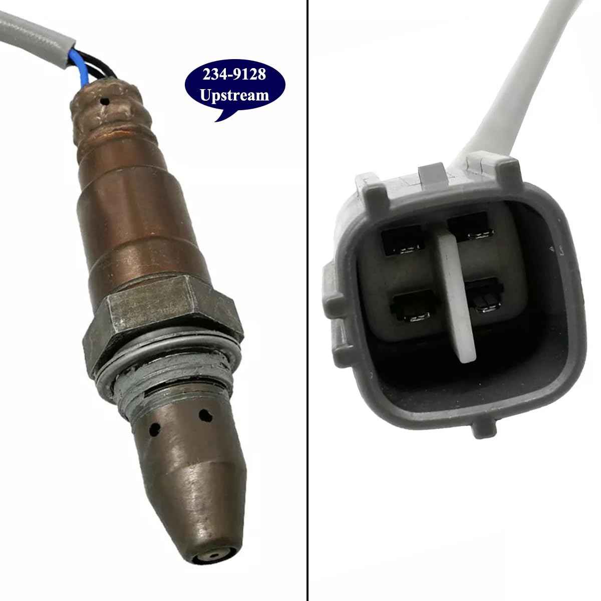 Upstream oxygen sensor model 234-9128 with metal sensor tip and 4-pin electrical connector for automotive use