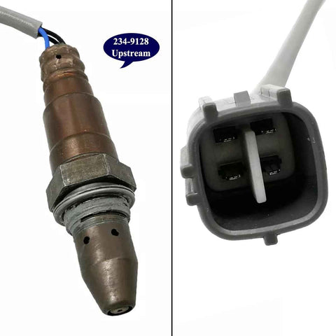 Upstream oxygen sensor model 234-9128 with metal sensor tip and 4-pin electrical connector for automotive use