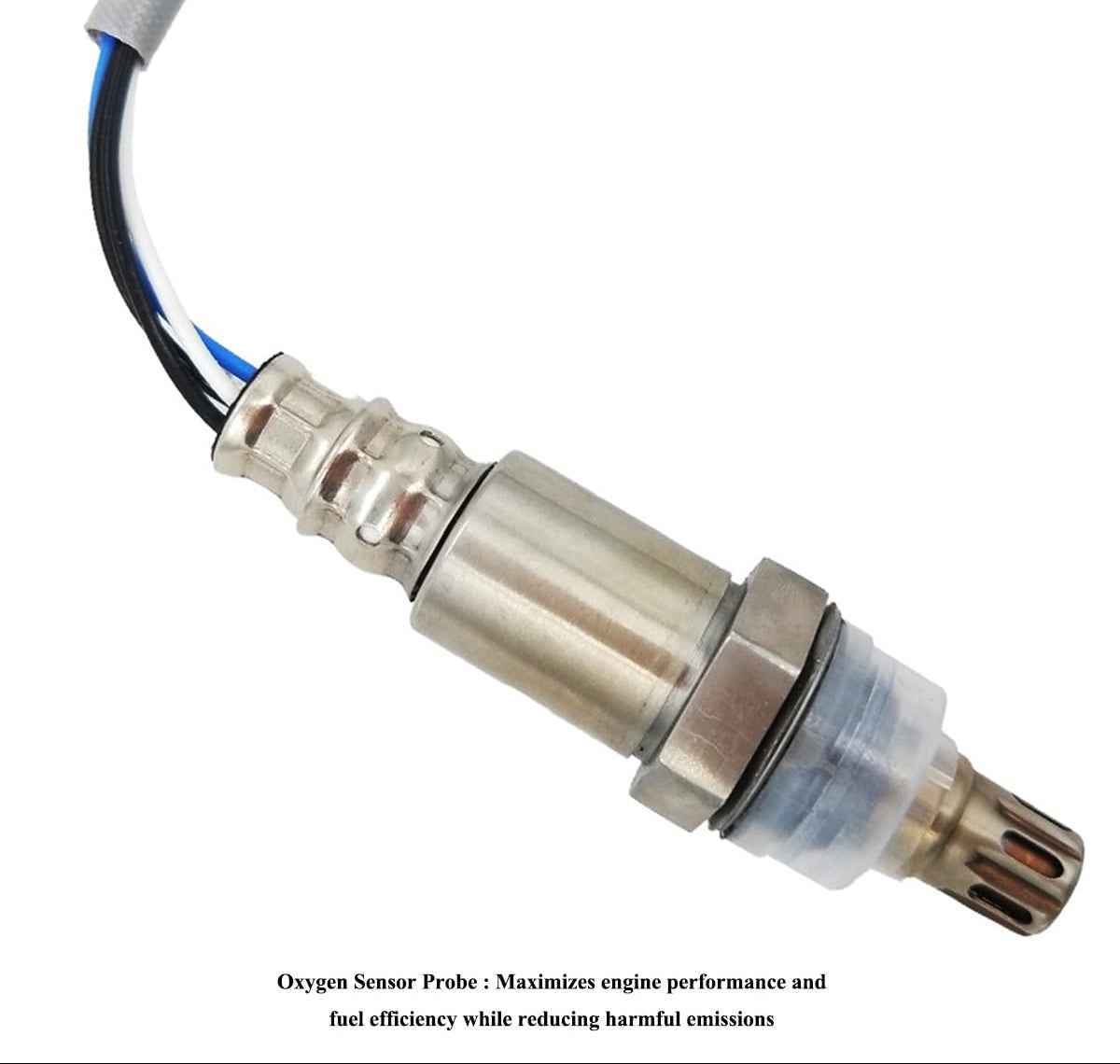 Close-up of a metal automotive oxygen sensor with wiring, enhancing engine performance and emissions control