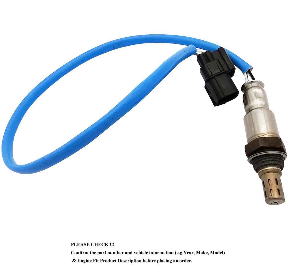 Automotive oxygen sensor with blue wiring and black connector for vehicle emissions monitoring