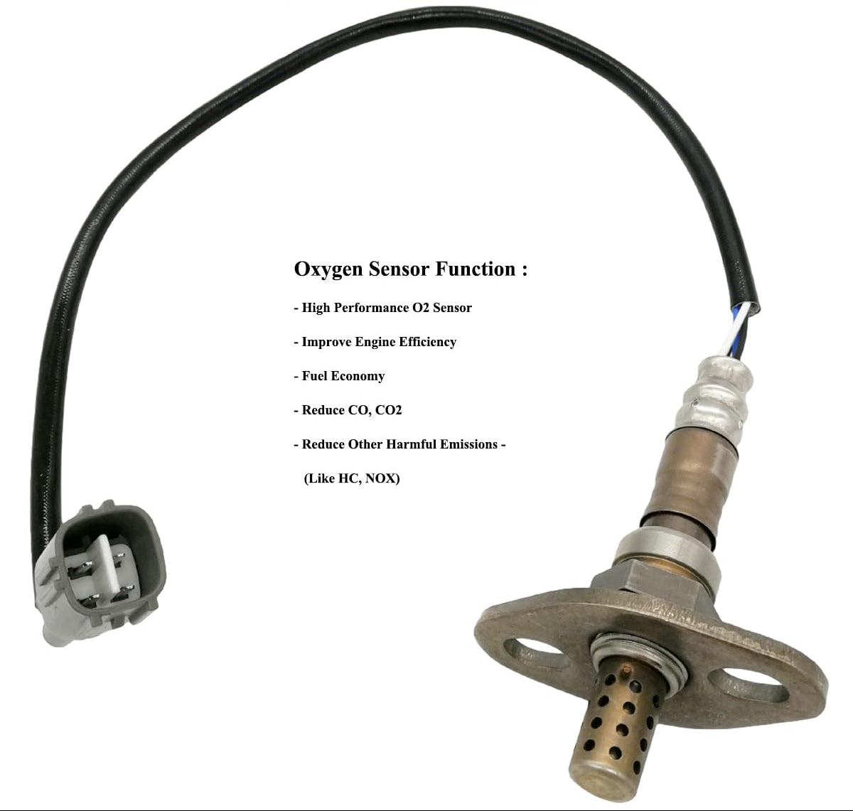 Automotive oxygen sensor with connector and text listing benefits like engine efficiency and emission reduction.