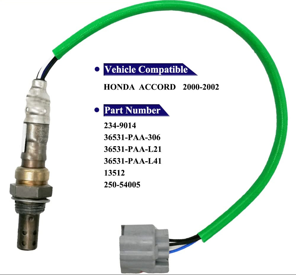 Oxygen sensor with green wire and connector for Honda Accord 2000-2002, part numbers listed.
