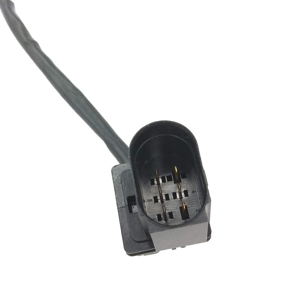 Close-up of a black 6-pin automotive electrical connector with attached cable on white background