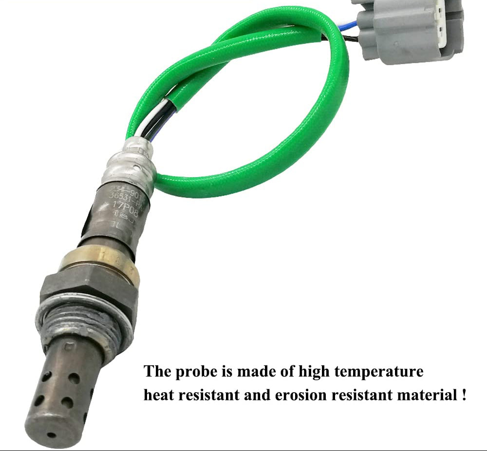 Automotive oxygen sensor with green wire and heat-resistant probe, close-up view