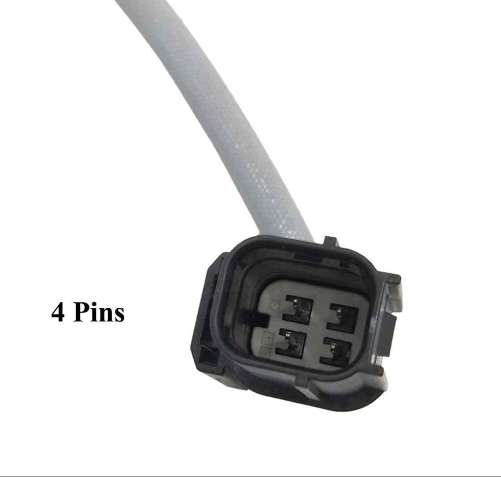Close-up of a black 4-pin automotive electrical connector with attached gray cable on white background