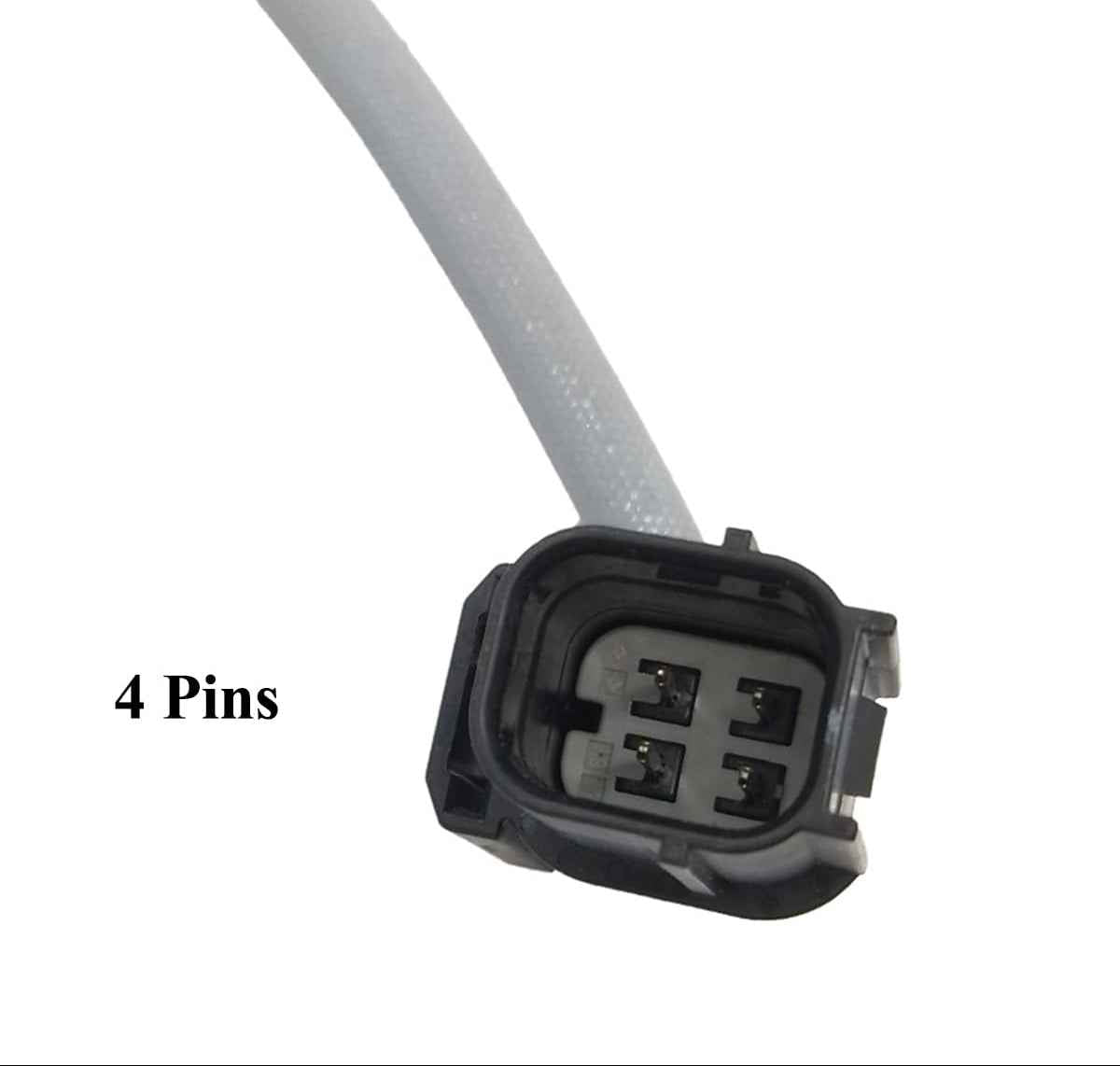 Close-up of a black 4-pin automotive electrical connector with attached gray cable on white background
