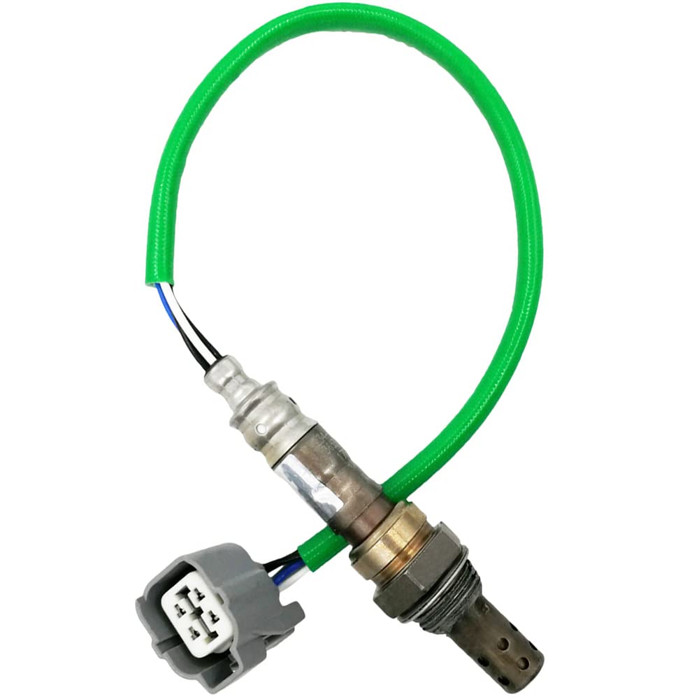 Automotive oxygen sensor with green wire and gray connector on white background