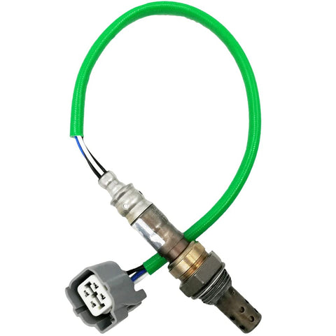 Automotive oxygen sensor with green wire and gray connector on white background