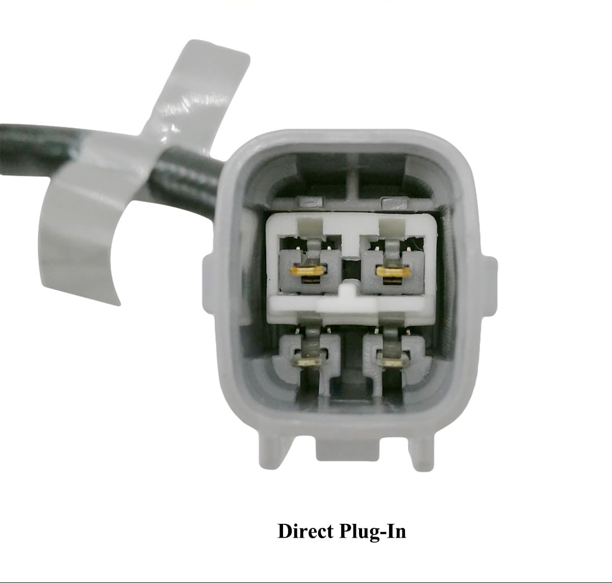 Close-up of a gray four-pin automotive electrical connector plug with black wire and white securing clip