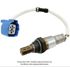 Automotive oxygen sensor probe with blue connector and white cable for fuel efficiency and emissions