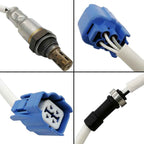 Close-up views of automotive oxygen sensor with metal tip, wiring harness, blue connector, and mounting clip