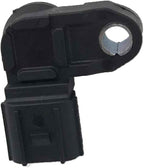 Black automotive engine sensor with mounting hole and electrical connector