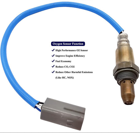 High performance automotive oxygen sensor with blue wire and gray connector, improves engine efficiency and reduces emissions