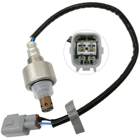 OEM automotive oxygen sensor with metal tip, black wiring, and gray 4-pin connector for vehicle emissions control