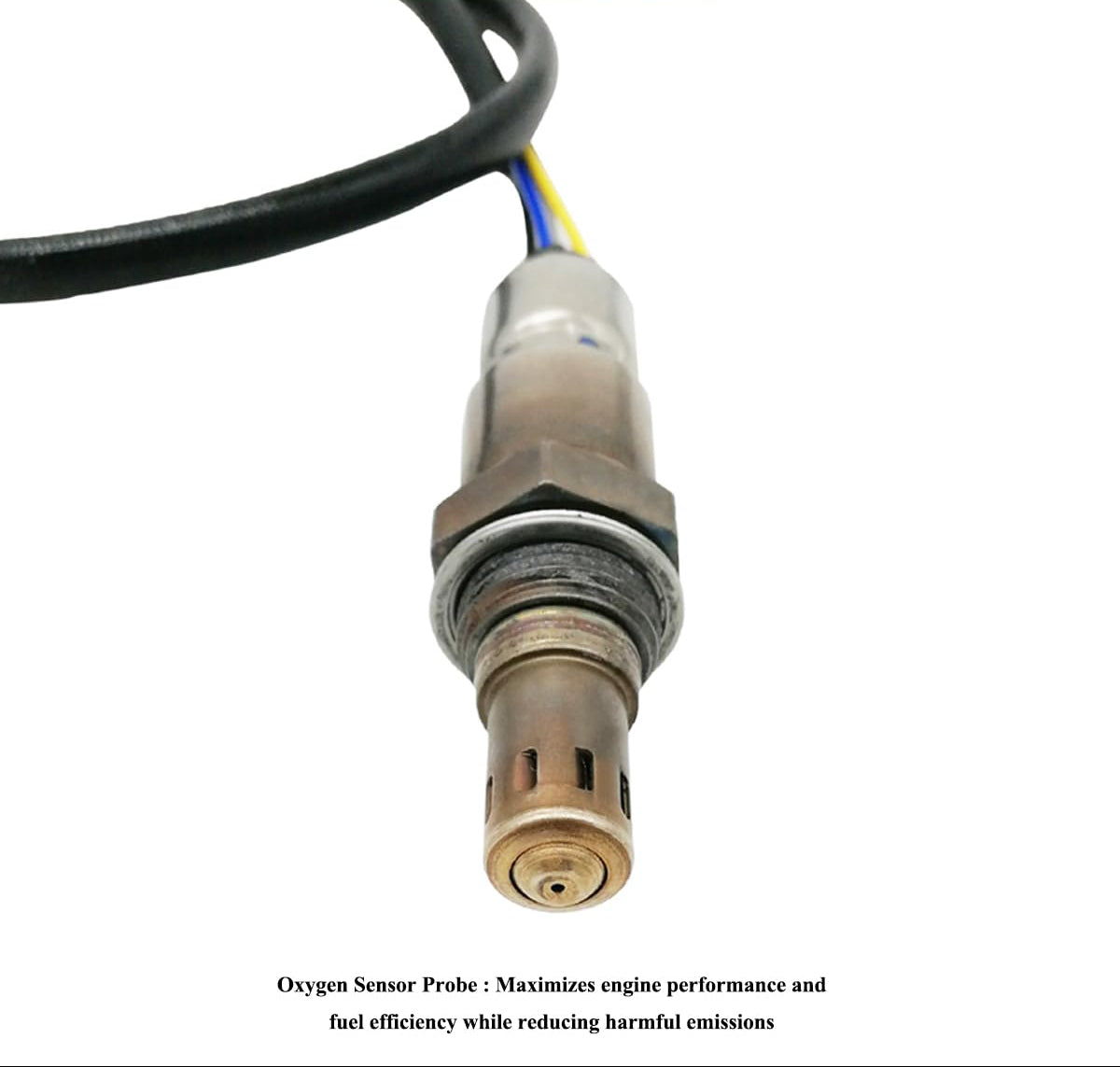 Close-up of automotive oxygen sensor probe with wiring, used for engine performance and emission control