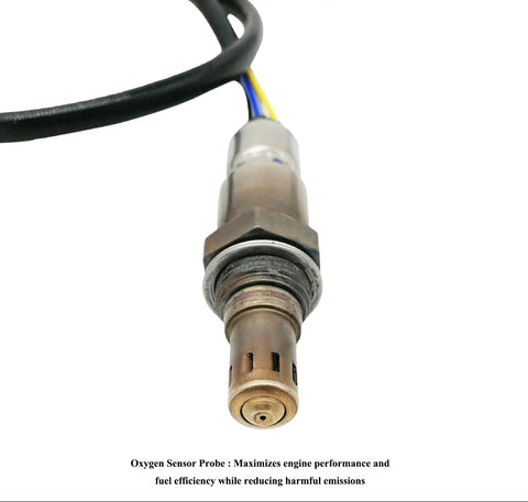 Close-up of automotive oxygen sensor probe with wiring, used for engine performance and emission control