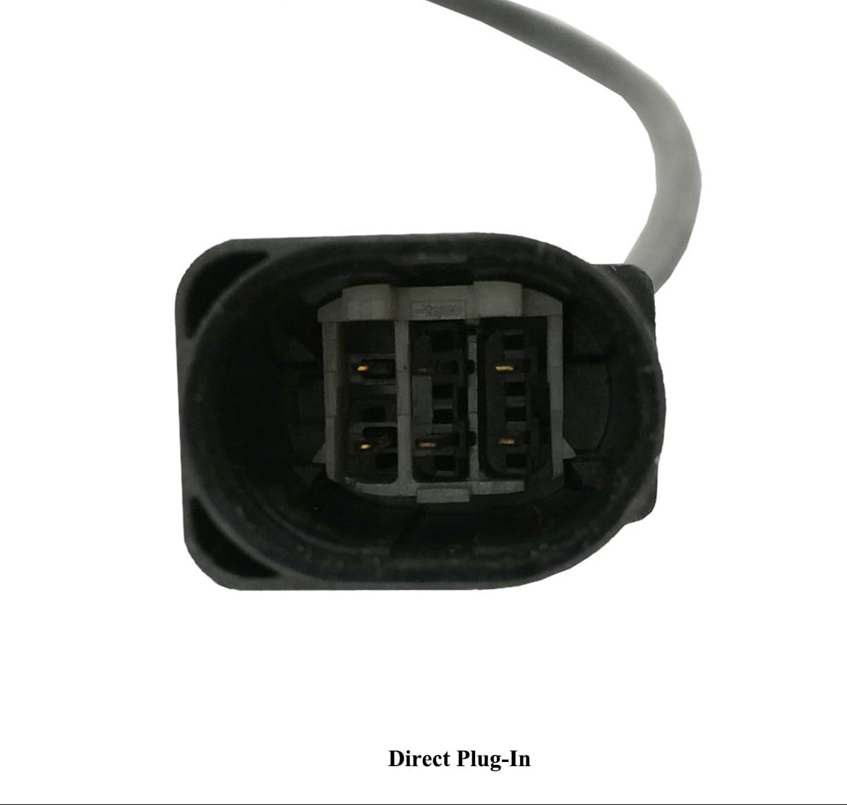 Close-up of a black automotive electrical connector plug with wiring, labeled Direct Plug-In