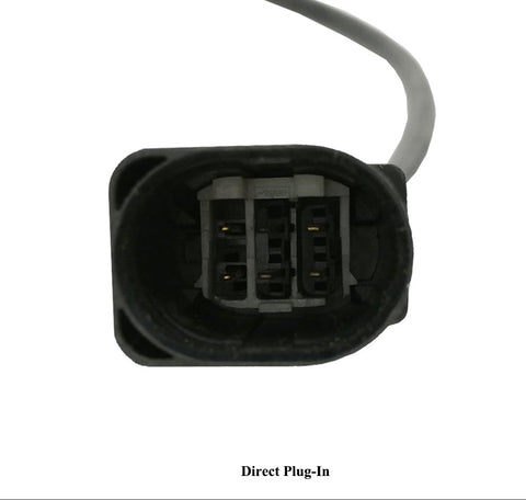 Close-up of a black automotive electrical connector plug with wiring, labeled Direct Plug-In