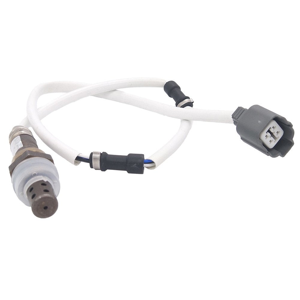 OEM automotive oxygen sensor with white wiring harness and gray connector for engine emission control
