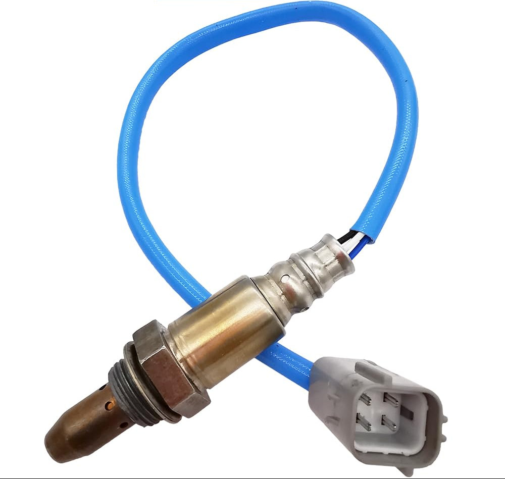 OEM oxygen sensor with blue wire and gray connector for automotive engine system