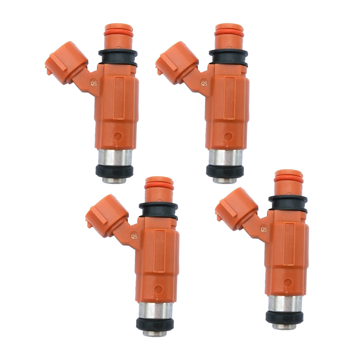 Set of four orange automotive fuel injectors with black and silver metal accents on white background