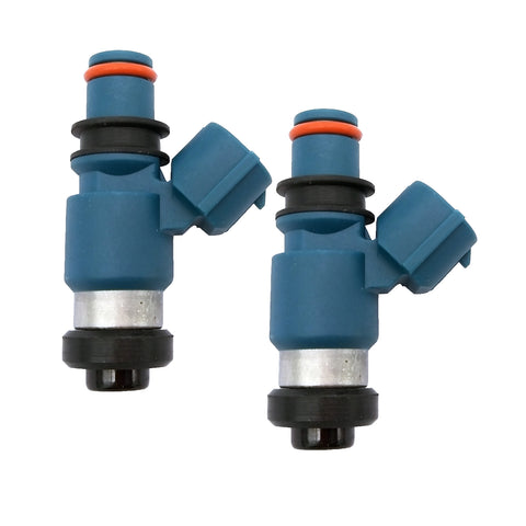 Pair of blue automotive fuel injectors with orange and black seals on white background