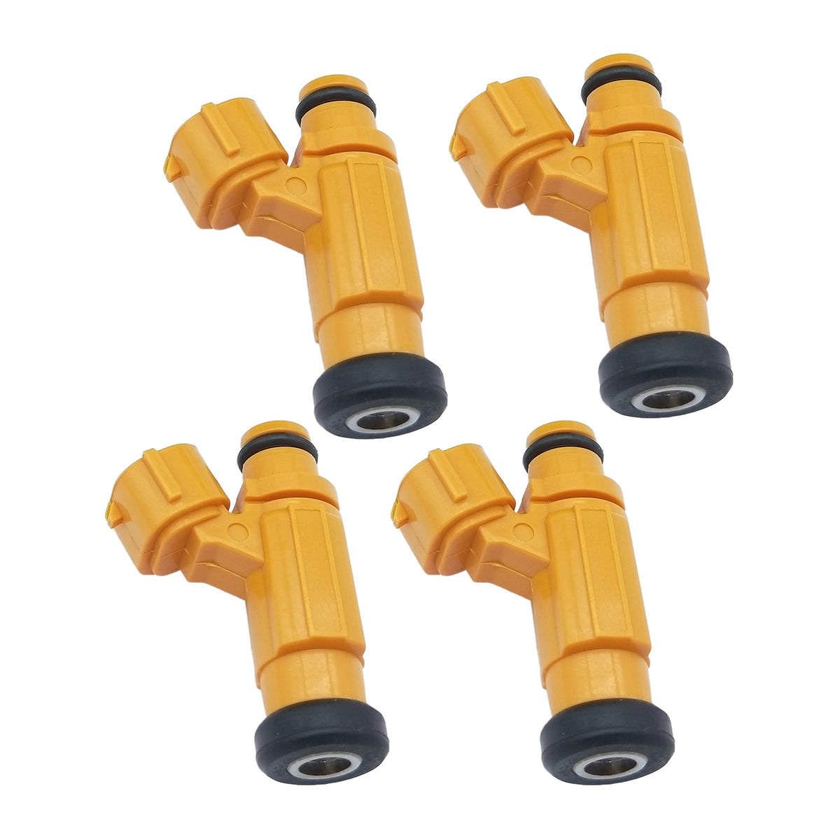 Set of four yellow automotive fuel injectors with black seals on white background