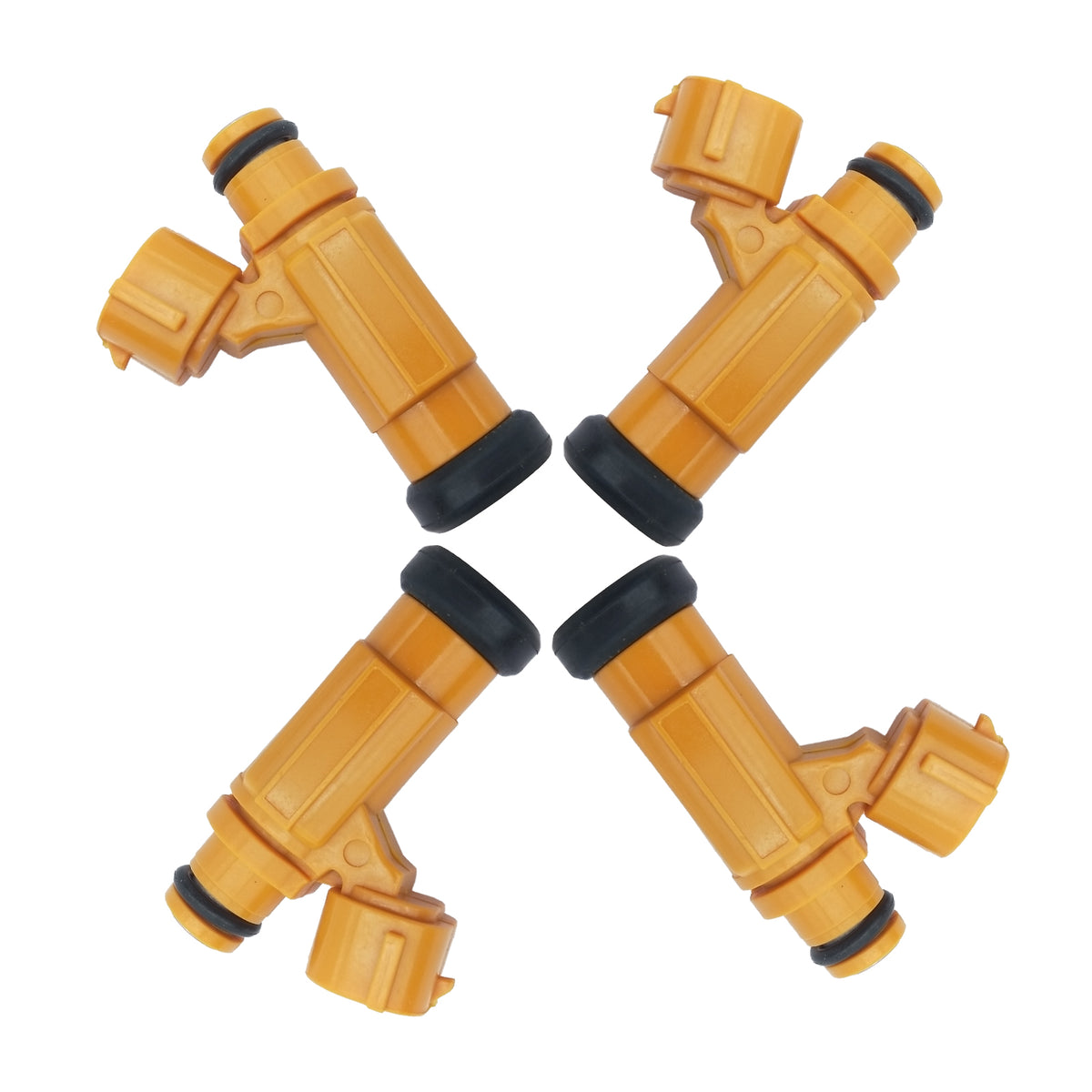 Set of four yellow vehicle fuel injectors with black seals isolated on white