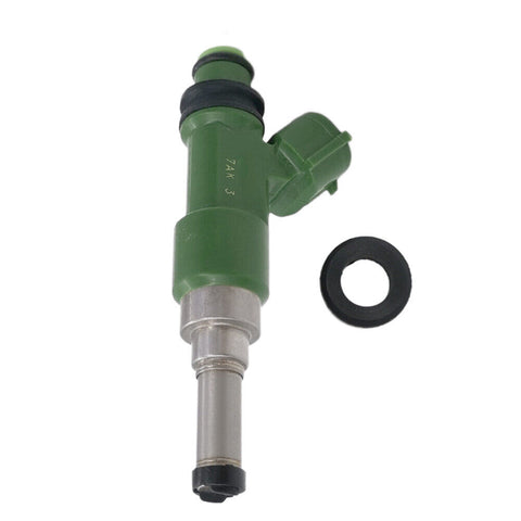 Green automotive fuel injector with sealing ring against white background