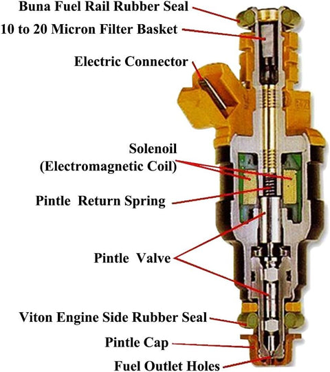 Labeled cross-section diagram of a fuel injector showing Buna fuel rail rubber seal, filter basket, electric connector, solenoid coil, pintle spring, valve, Viton rubber seal, pintle cap, and fuel outlet holes