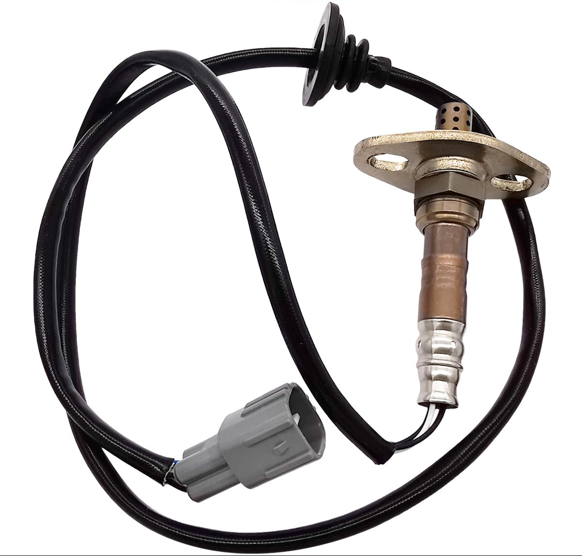 Automotive oxygen sensor with wiring harness and connector on white background