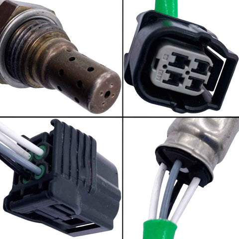Close-up views of an automotive oxygen sensor showing sensor tip, wiring connectors, and cables with green protective sleeve