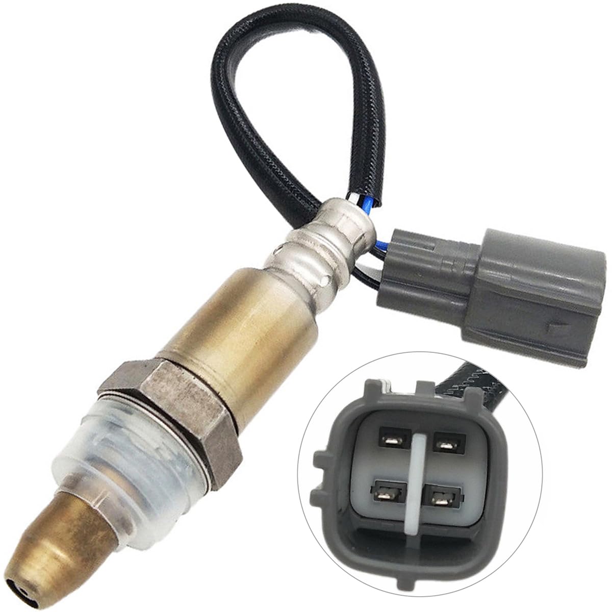 Automotive oxygen sensor with four-pin connector and wiring, close-up view
