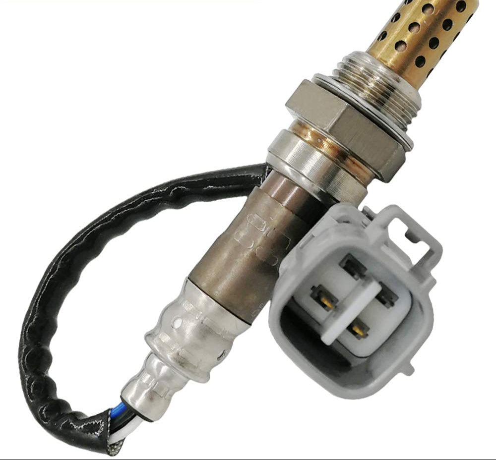 Close-up of automotive oxygen sensor with wiring harness and metal threaded body