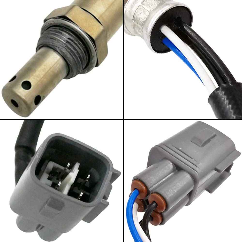 Close-up views of an automotive oxygen sensor with wiring and gray electrical connectors for vehicle exhaust system