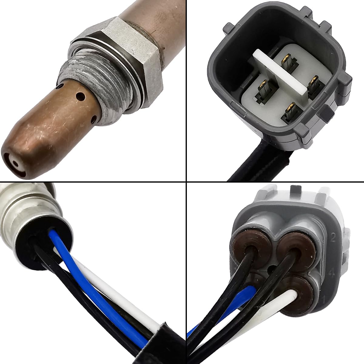 Close-up of automotive oxygen sensor with connector plugs and wiring details