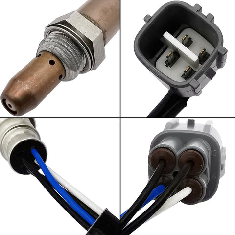 Close-up of automotive oxygen sensor with connector plugs and wiring details