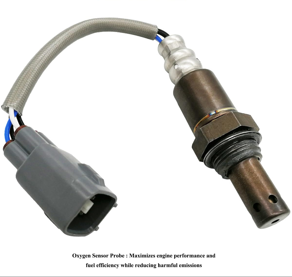 Close-up of automotive oxygen sensor with attached wiring connector for vehicle engine.