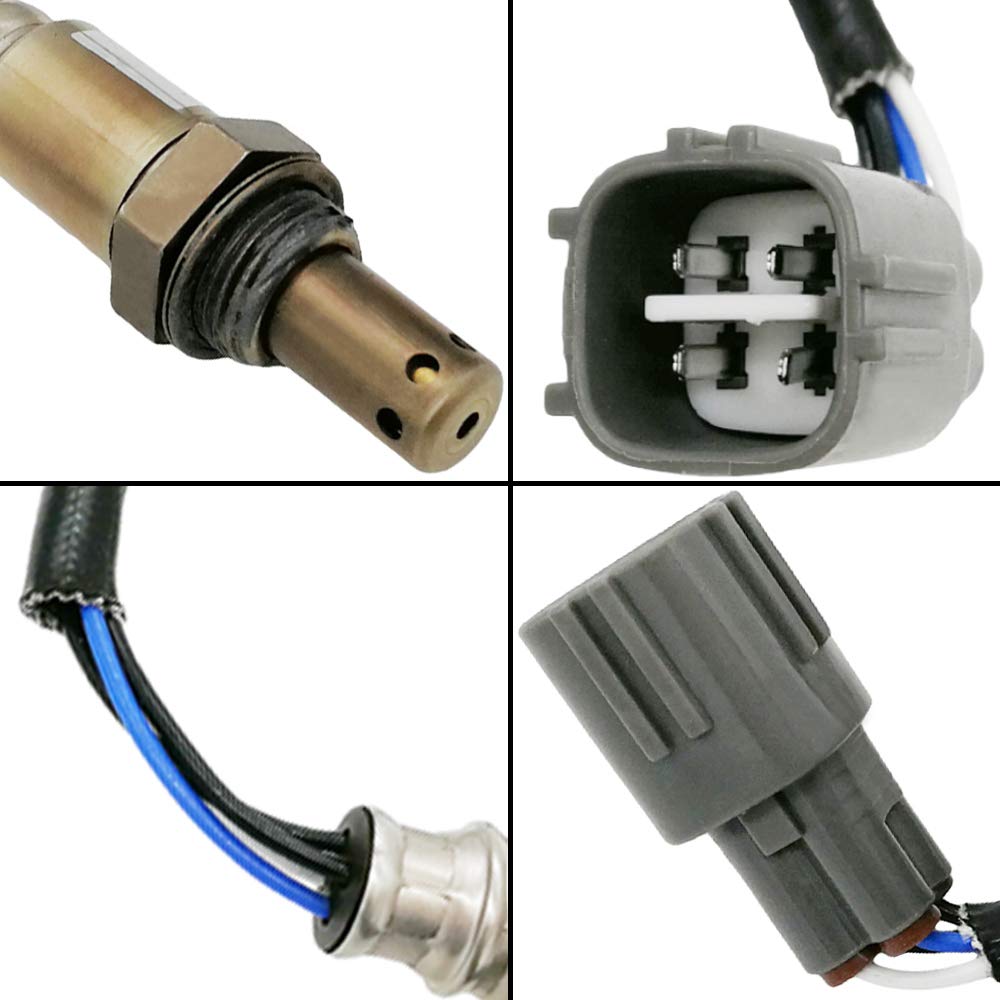 Close-up of automotive oxygen sensor with connector plugs and wiring detail