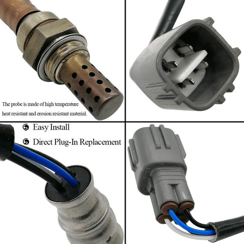 Close-up views of automotive oxygen sensor components including metal probe, wiring, and gray electrical connectors for easy install and plug-in replacement